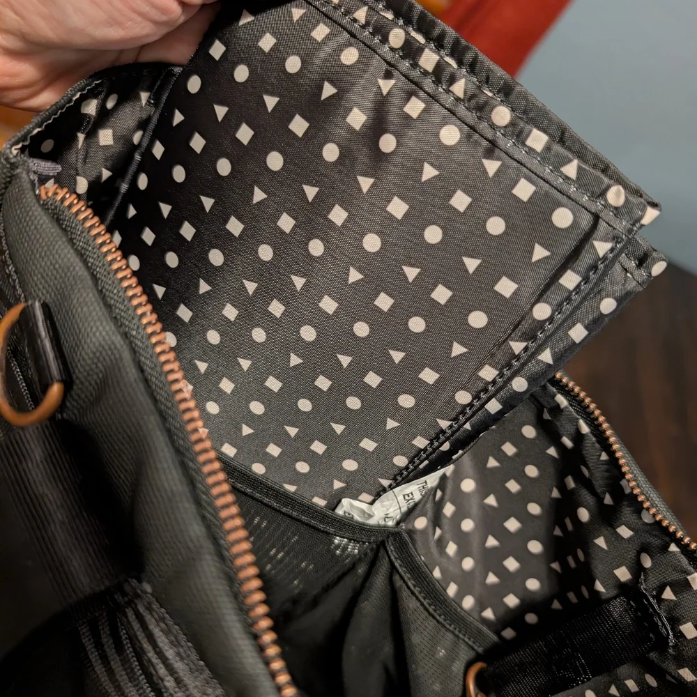 Petunia Pickle Bottom Pivot Black and Gray Diaper Bag, Rose Gold Hardware.
